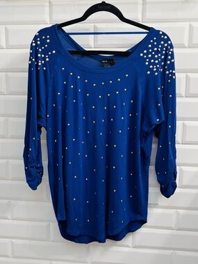 Grace Elements Women’s Medium Gold Studded Blue Ruched Long Sleeve Blouse